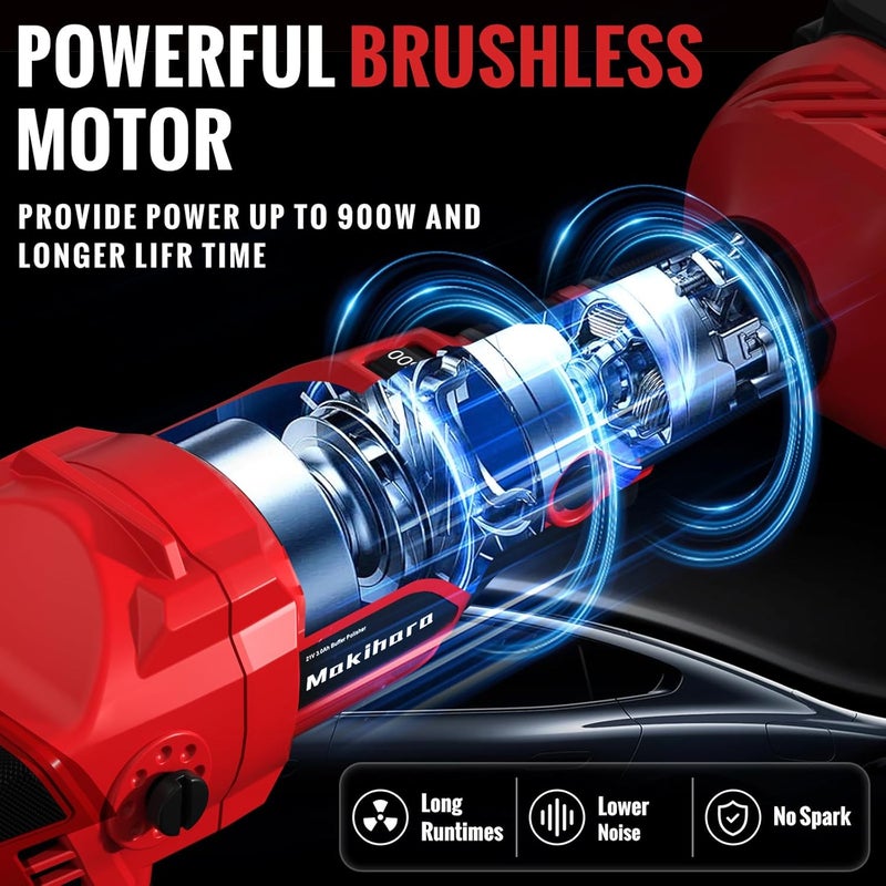 Makihara Cordless Buffer Polisher, 5 Inch Random Orbital Car Polisher, 6 Variable Speed 1000-5200 RPM, 21V 3.0Ah Batteries, 28Pcs Attachments, Polisher for Car Detailing, Boat Sanding, Scratch Removing - Image 3